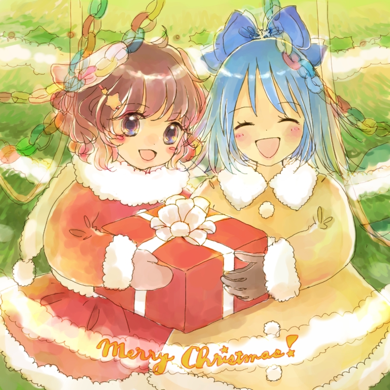 blue daisy, hina (pixiv), cirno, inaba tewi, touhou, 2girls, alternate costume, christmas, female focus, gift, multiple girls, santa costume, winter clothes