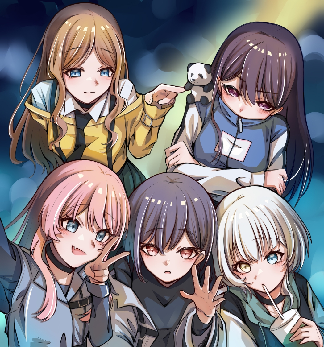 chihaya anon, kaname raana, nagasaki soyo, shiina taki, takamatsu tomori, bang dream!, bang dream! it's mygo!!!!!, chinese commentary, commentary request, 5girls, black choker, black necktie, black shirt, blue eyes, blue jacket, blush, brown eyes, brown hair, choker, drinking straw, drinking straw in mouth, fang, grey eyes, grey hair, hair between eyes, hand up, heterochromia, hood, hoodie, jacket, kui ckuqiz, long hair, long sleeves, mitsuketa keshiki tazusaete, multiple girls, mygo!!!!! (bang dream!), necktie, open mouth, pink hair, purple eyes, shirt, short hair, skin fang, sweater, v, white hair, yellow eyes, yellow sweater, zipper pull tab