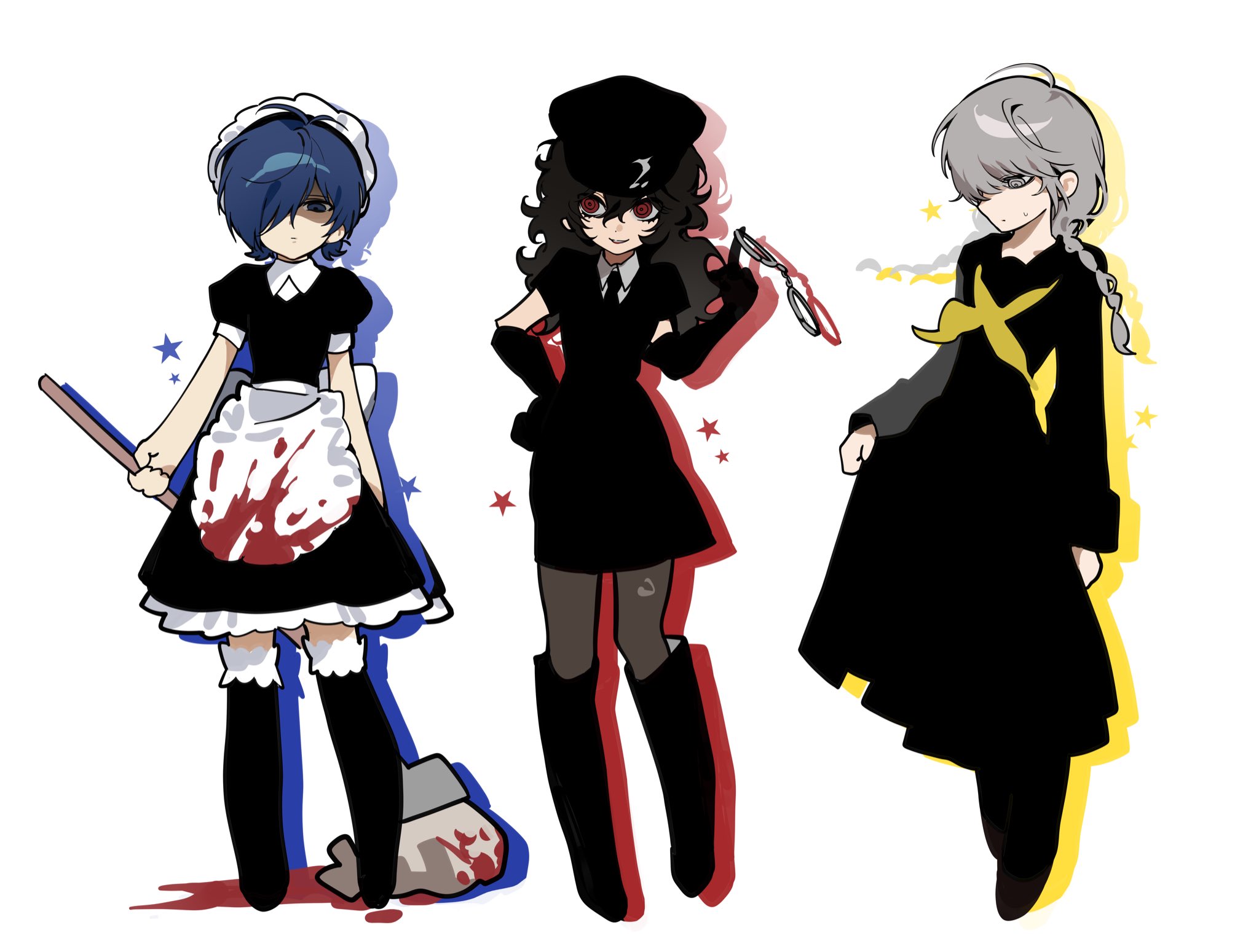 amamiya ren, narukami yu, yuuki makoto (persona 3), persona, persona 3, persona 3: dancing moon night, persona 4, persona 5, persona 5: dancing star night, persona dancing, highres, 3boys, ahoge, alternate costume, apron, arm at side, back bow, black boots, black dress, black gloves, black hat, black necktie, black pantyhose, black thighhighs, blood, blood on clothes, blood on ground, blue eyes, blue hair, boots, bow, braid, broom, closed mouth, clothes lift, crossdressing, crossdressing (mtf), cuffs, dong9rang, dress, drop shadow, elbow gloves, enmaided, facing viewer, frilled apron, frilled dress, frilled thighhighs, frills, full body, gloves, grey eyes, grey hair, hair between eyes, hair over one eye, hairband, hand on own hip, hand up, handcuff dangle, handcuffs, hat, holding, holding broom, long hair, long sleeves, looking at viewer, looking down, looking to the side, maid, maid apron, maid headdress, male focus, multiple boys, neckerchief, necktie, pantyhose, police, police hat, police uniform, puffy short sleeves, puffy sleeves, red eyes, shaded face, short hair, short sleeves, simple background, skirt, skirt lift, smile, star (symbol), sweatdrop, thighhighs, twin braids, white apron, white background, white hairband, yellow neckerchief
