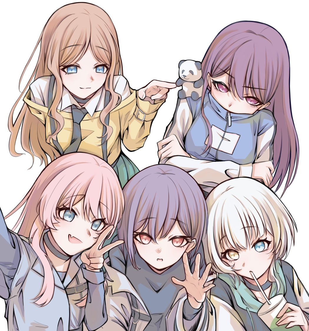 chihaya anon, kaname raana, nagasaki soyo, shiina taki, takamatsu tomori, bang dream!, bang dream! it's mygo!!!!!, chinese commentary, commentary request, 5girls, black choker, black necktie, black shirt, blue eyes, blue jacket, blush, brown eyes, brown hair, choker, drinking straw, drinking straw in mouth, fang, grey eyes, grey hair, hair between eyes, hand up, heterochromia, hood, hoodie, jacket, kui ckuqiz, long hair, long sleeves, mitsuketa keshiki tazusaete, multiple girls, mygo!!!!! (bang dream!), necktie, open mouth, pink hair, purple eyes, shirt, short hair, simple background, skin fang, sweater, v, white background, white hair, yellow eyes, yellow sweater, zipper pull tab