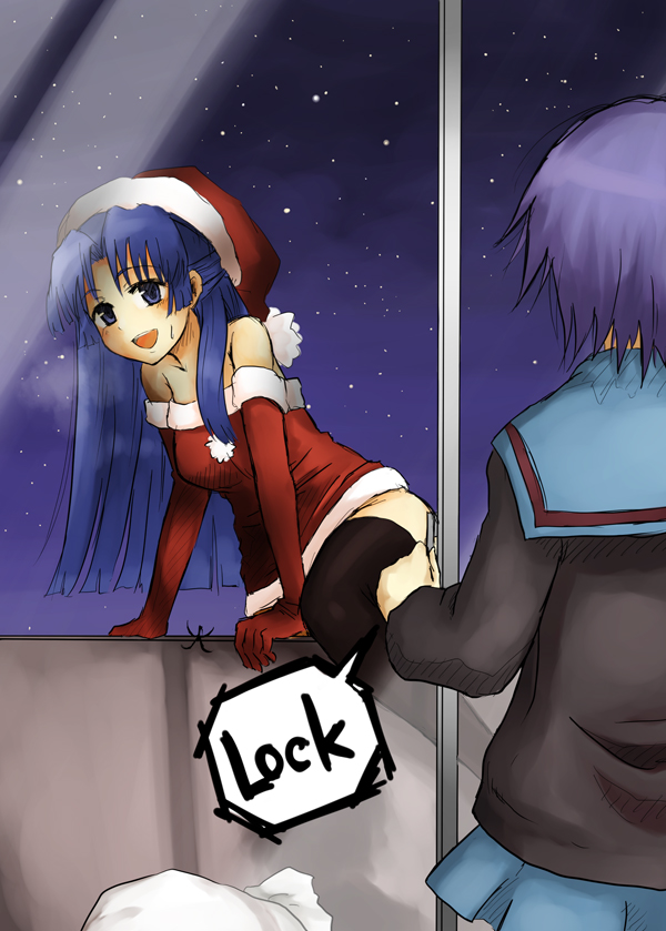 yakusa, asakura ryoko, nagato yuki, suzumiya haruhi no yuuutsu, bad id, bad pixiv id, 00s, 2girls, blue eyes, blue hair, cardigan, christmas, elbow gloves, gloves, hat, long hair, multiple girls, red gloves, santa costume, santa hat, school uniform, serafuku, thighhighs