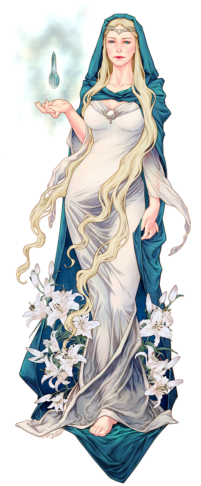 galadriel, tolkien's legendarium, highres, 1girl, arm at side, barefoot, blonde hair, blue cape, blue eyes, breasts, cape, circlet, cleavage, collarbone, dress, elf, flower, hood, lily (flower), long dress, long hair, looking at viewer, magic, medium breasts, narrow waist, pointy ears, simple background, solo, tight clothes, tight dress, transylvania, very long hair, white background, white dress, wide hips