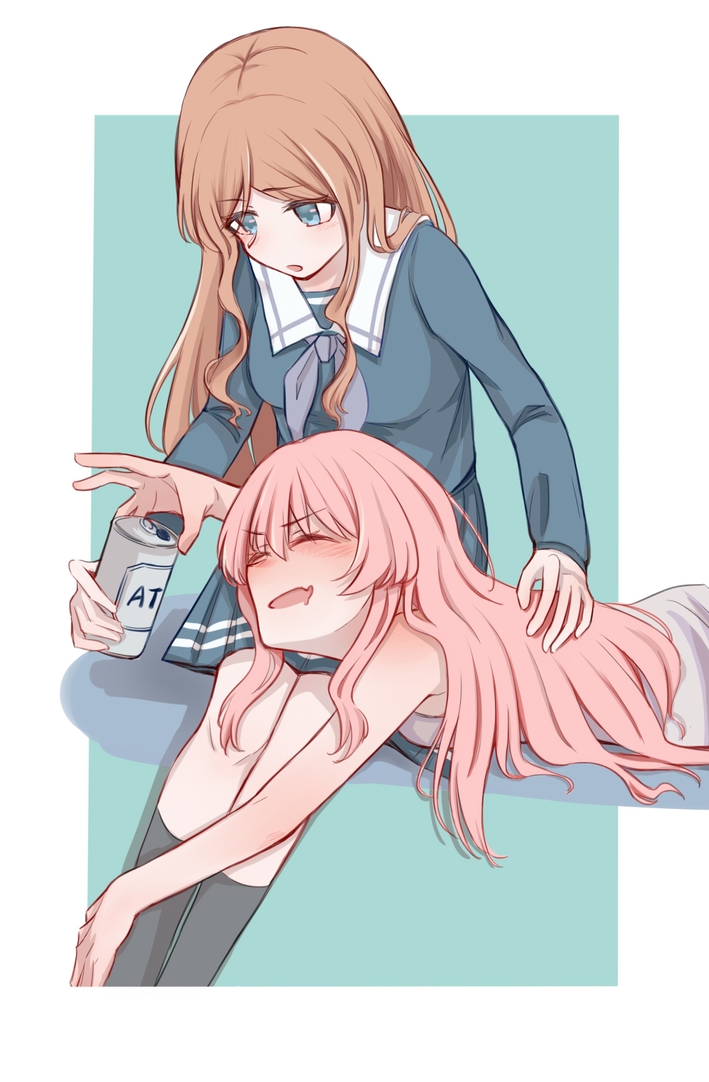 chihaya anon, nagasaki soyo, bang dream!, bang dream! it's mygo!!!!!, commentary, highres, 2girls, beer can, black socks, blue background, blue eyes, blue shirt, blue skirt, blush, breasts, brown hair, camisole, can, drink can, drunk, fang, grey neckerchief, holding, holding can, kneehighs, kui ckuqiz, lap pillow, long hair, long sleeves, medium breasts, multiple girls, neckerchief, open mouth, pink hair, pleated skirt, school uniform, shirt, sitting, skin fang, skirt, socks, tsukinomori school uniform, white camisole, yuri