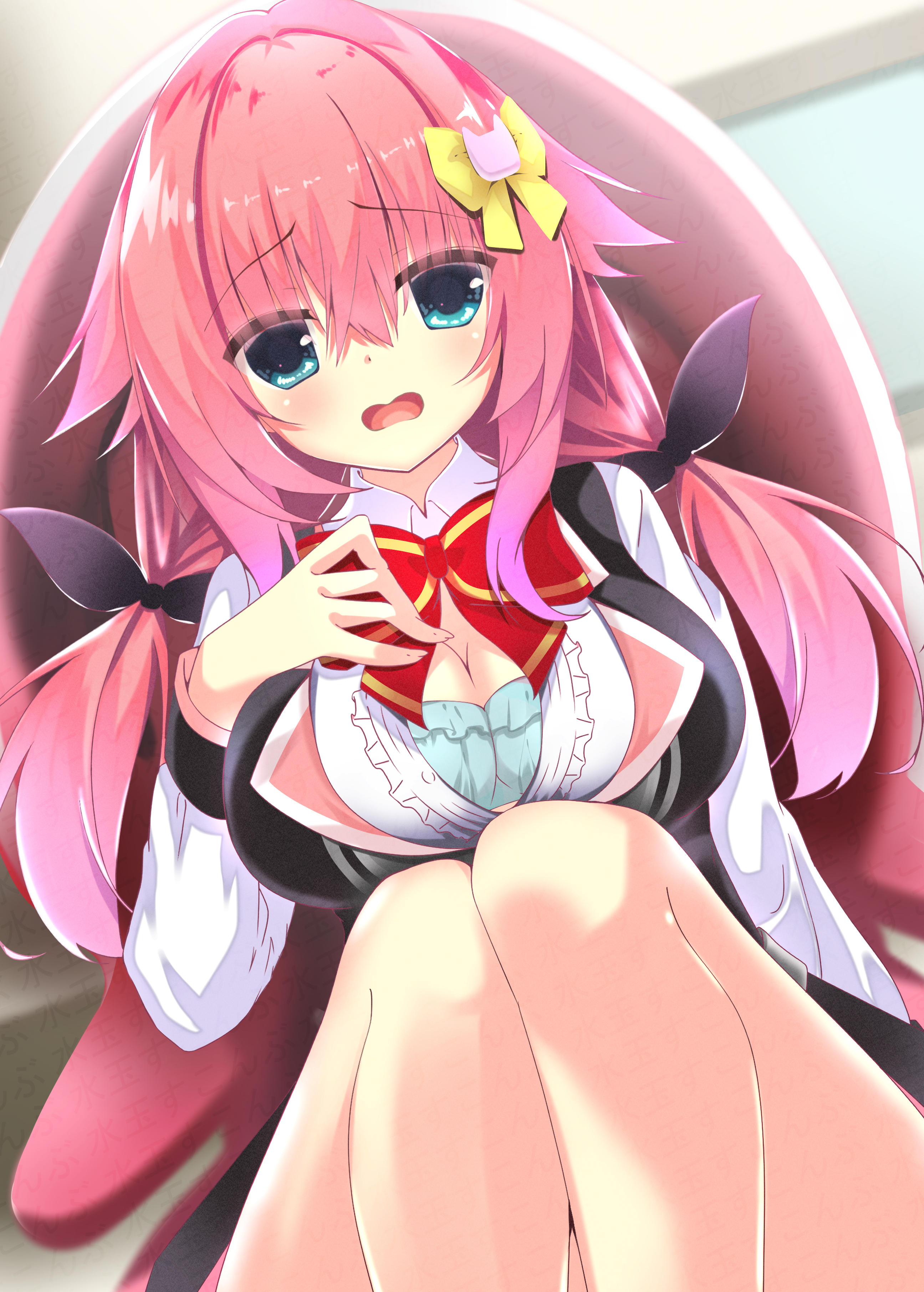 sukonbu385, tokiwa kano, hamidashi creative, absurdres, commentary request, highres, 1girl, aqua bra, black bow, blue eyes, blush, bow, bowtie, bra, breast suppress, breasts, cat hair ornament, chair, cleavage, collared shirt, embarrassed, eyes visible through hair, feet out of frame, frilled bra, frills, furrowed brow, hair between eyes, hair bow, hair intakes, hair ornament, hand up, indoors, knees up, large breasts, legs together, long hair, long sleeves, looking at viewer, low twintails, on chair, open clothes, open mouth, open shirt, pink hair, red bow, red bowtie, school uniform, shirt, sidelocks, sitting, solo, twintails, underwear, watermark, white shirt, yellow bow