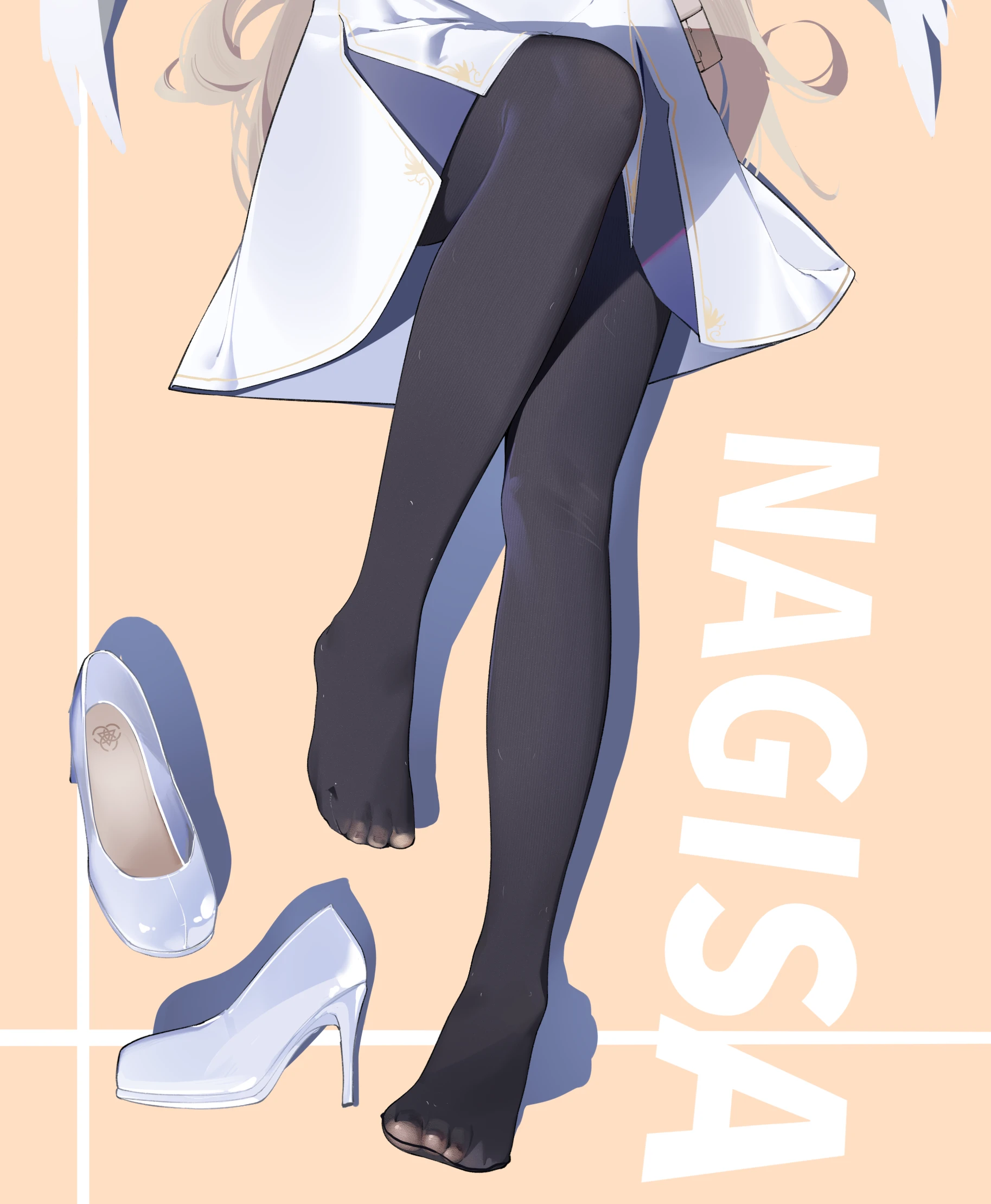 painterliuhao, nagisa (blue archive), blue archive, highres, 1girl, angel wings, black pantyhose, blonde hair, dress, high heels, pantyhose, shoes, simple background, wings