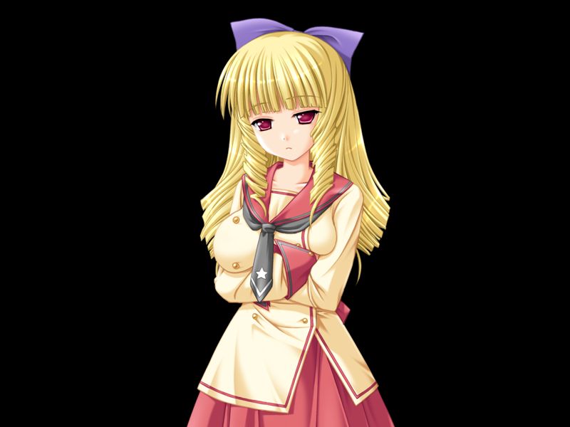 miyasu risa, ryuugasaki reika, honoo no haramase tenkousei, game cg, variant set, 1girl, 2000s (style), arms under breasts, black background, blonde hair, blunt bangs, bow, breasts, closed mouth, collarbone, cowboy shot, crossed arms, drill hair, drill sidelocks, grey neckerchief, hair bow, half-closed eyes, huge breasts, long hair, long sleeves, looking at viewer, neckerchief, purple bow, red eyes, red sailor collar, sailor collar, sailor shirt, school uniform, serafuku, shirt, sidelocks, simple background, skirt, solo, standing, tachi-e, twin drills, very long hair, yellow serafuku