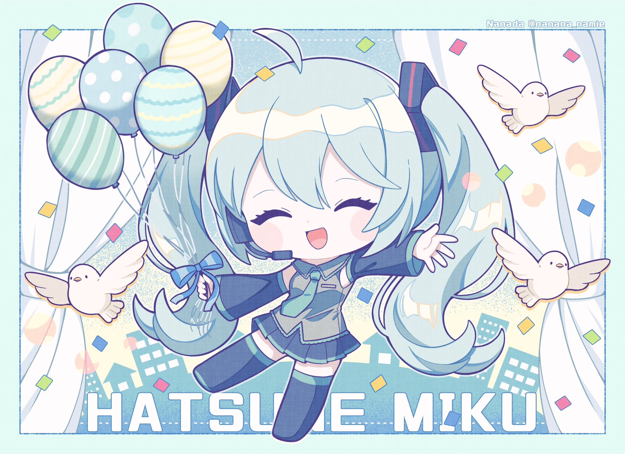 nada namie, hatsune miku, vocaloid, commentary, highres, 1girl, :d, ^ ^, artist name, balloon, bare shoulders, bird, black boots, black skirt, black sleeves, blue border, blue eyes, blue hair, blue necktie, blush stickers, boots, border, character name, chibi, chibi only, closed eyes, collared shirt, detached sleeves, full body, grey shirt, long hair, long sleeves, miniskirt, necktie, open mouth, outside border, pigeon, pleated skirt, shirt, skirt, sleeveless, sleeveless shirt, smile, solo, standing, thigh boots, twintails, twitter username
