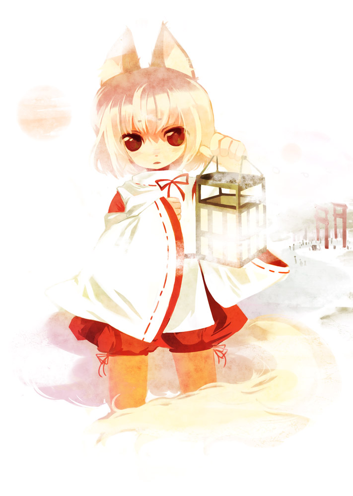 chaba (hortensia), inubashiri momiji, touhou, 1girl, animal ears, blonde hair, female focus, outdoors, red eyes, ribbon-trimmed shirt, ribbon trim, shirt, snow, solo, standing, white background