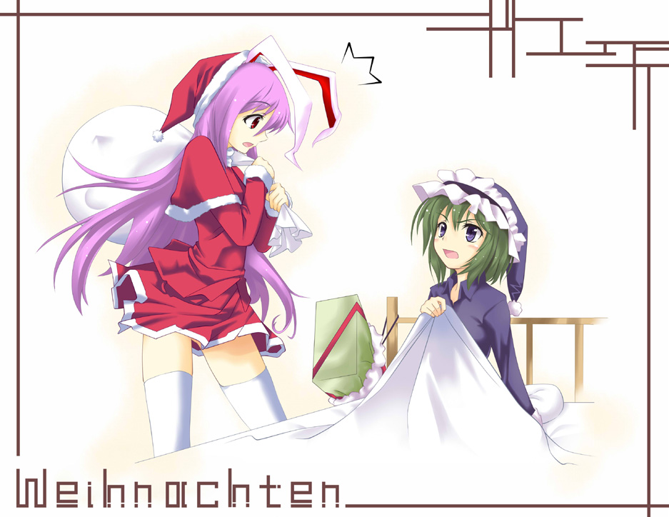 ogami kazuki, reisen udongein inaba, shiki eiki, touhou, translated, 2girls, bed, christmas, female focus, german text, multiple girls, pajamas, santa costume, thighhighs