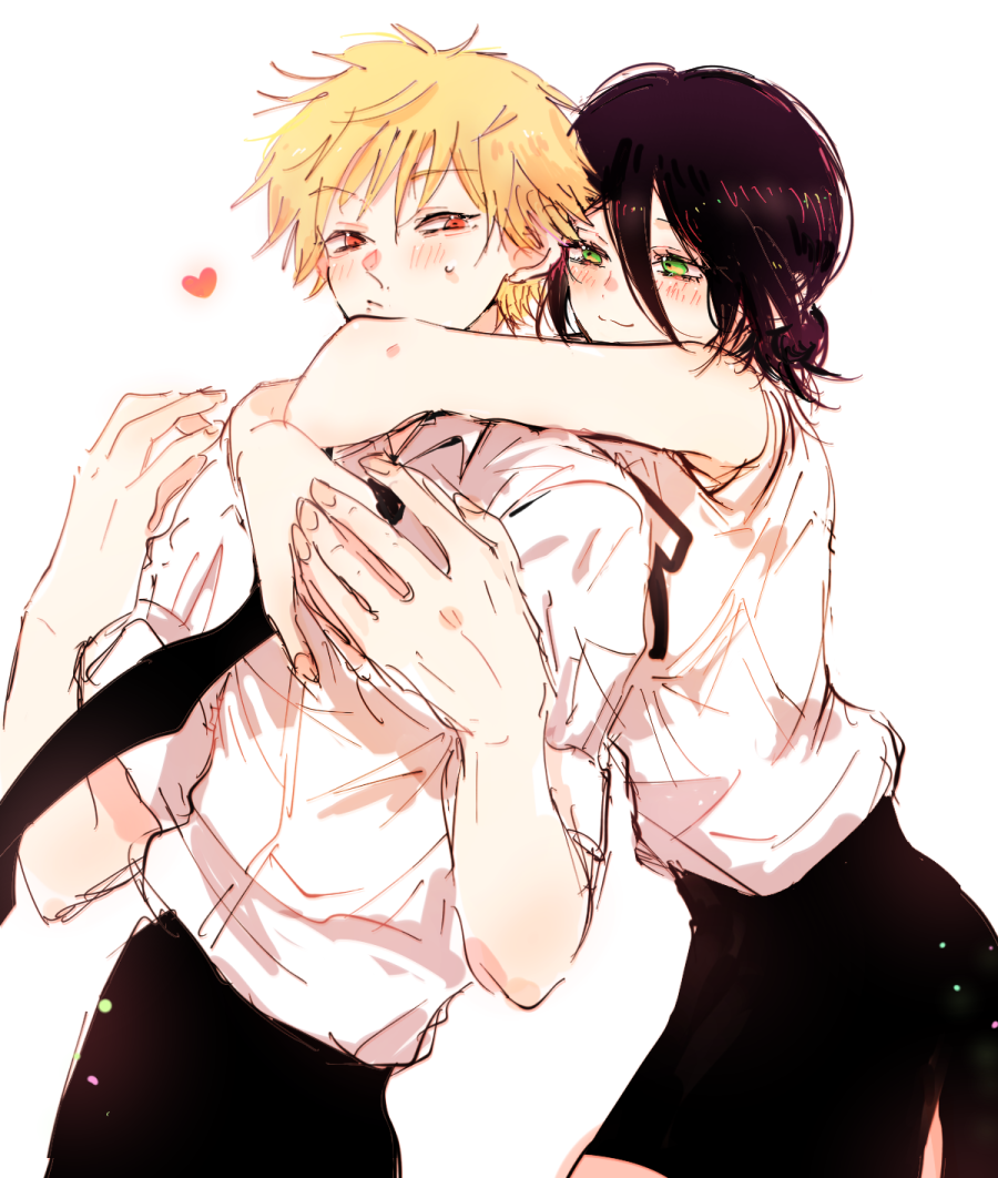 yukichi (imoko41), denji (chainsaw man), reze (chainsaw man), chainsaw man, commentary request, 1boy, 1girl, :/, :3, bare arms, black hair, black necktie, black pants, black ribbon, black shorts, blonde hair, blush, dress shirt, green eyes, hair between eyes, heart, hetero, hug, hug from behind, long hair between eyes, neck ribbon, necktie, pants, red eyes, ribbon, shirt, shorts, simple background, sleeveless, sleeveless shirt, smile, sweatdrop, white background, white shirt