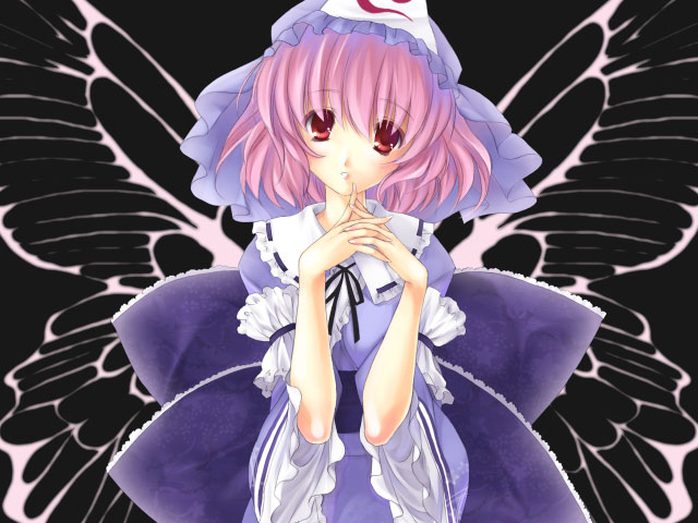 ayase hazuki, saigyouji yuyuko, touhou, 1girl, bow, bug, butterfly, butterfly wings, female focus, hat, head tilt, insect, insect wings, japanese clothes, kimono, large bow, looking at viewer, own hands clasped, own hands together, pink hair, red eyes, short hair, solo, upper body, wings