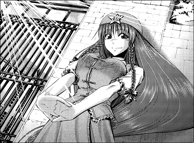 aozora market, hong meiling, embodiment of scarlet devil, touhou, light, wall, 1girl, female focus, gate, greyscale, long hair, monochrome, smile, solo, very long hair