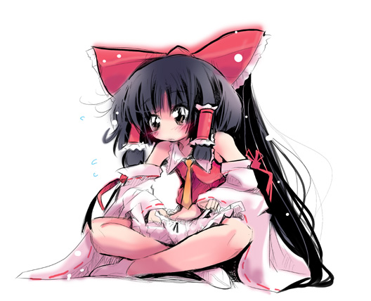 usoneko, hakurei reimu, touhou, 1girl, black hair, bloomers, bow, brown eyes, detached sleeves, female focus, full body, hair bow, panties, ponytail, sitting, solo, underwear, white background
