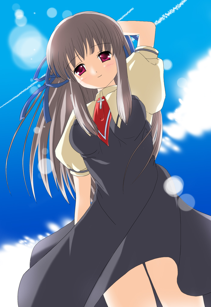 toono minagi, air (visual novel), silver hair, 00s, 1girl, black dress, blush, cowboy shot, day, dress, female focus, floating hair, from below, long hair, looking at viewer, looking down, outdoors, puffy short sleeves, puffy sleeves, red eyes, ribbon, short sleeves, solo, standing, wind