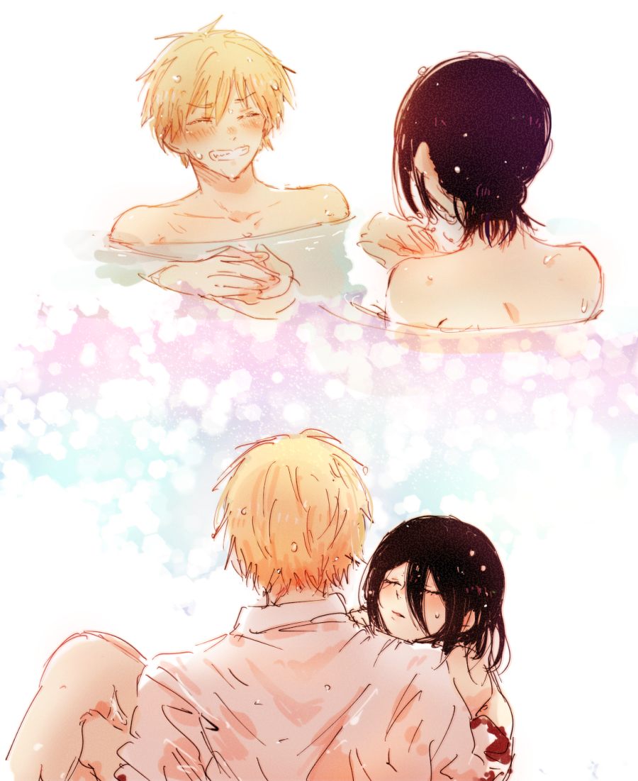 yukichi (imoko41), denji (chainsaw man), reze (chainsaw man), chainsaw man, commentary request, 1boy, 1girl, ^ ^, black hair, blonde hair, blood, blood on clothes, blush, carrying, closed eyes, completely nude, dress shirt, facing another, grin, hair between eyes, hetero, holding hands, long hair between eyes, multiple views, nude, partially submerged, princess carry, shirt, smile, white shirt