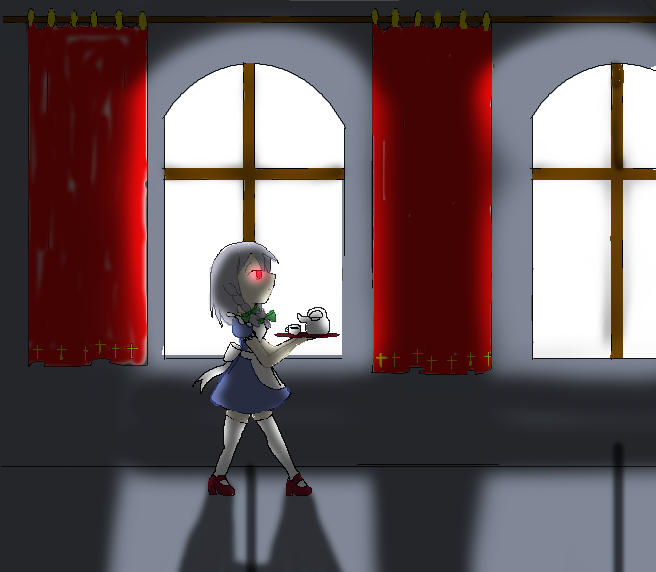 izayoi sakuya, touhou, light, 1girl, cup, curtains, female focus, glowing, glowing eyes, maid, red eyes, scarlet devil mansion, shadow, solo, teapot, walking, window