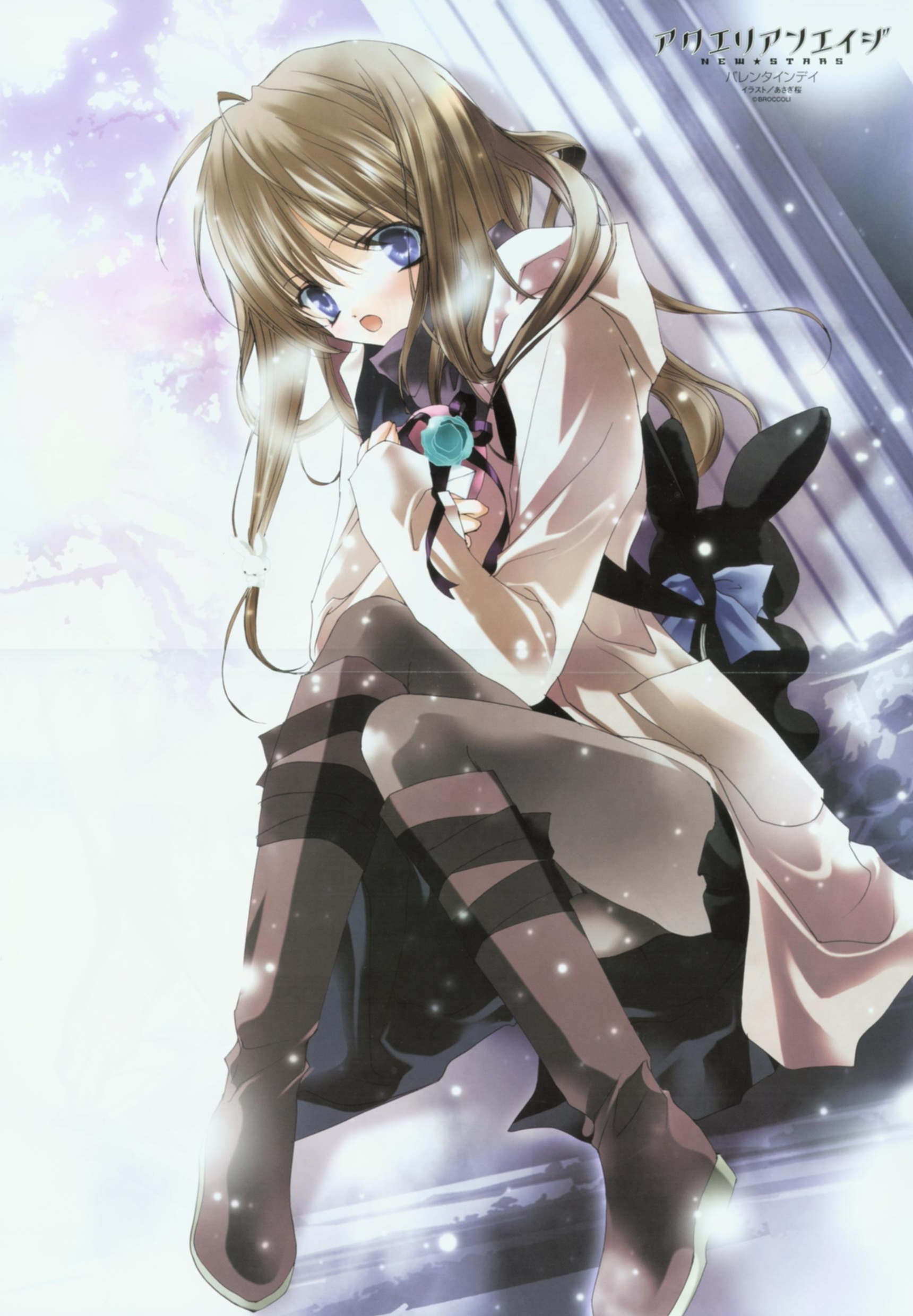 asagi sakura, aquarian age, absurdres, highres, 00s, blue eyes, boots, brown hair, copyright logo, logo, pantyhose, snow, solo