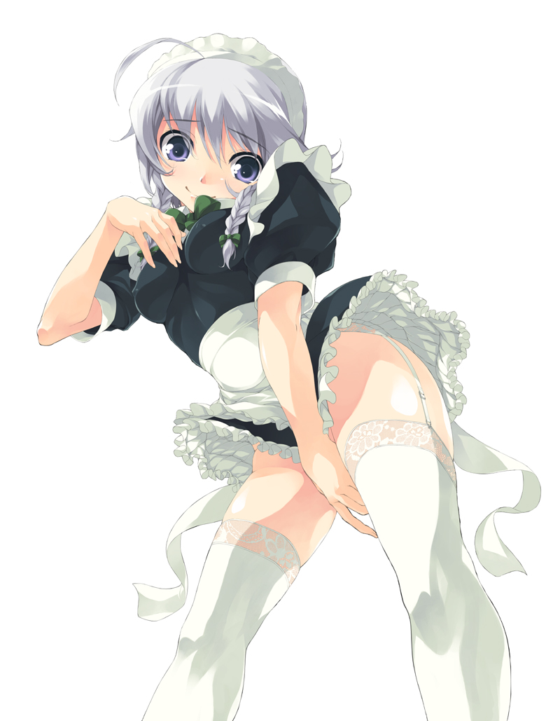 shirota dai, izayoi sakuya, touhou, lace-trimmed legwear, silver hair, bad id, bad pixiv id, 1girl, ahoge, apron, blue eyes, blush, bow, braid, breasts, clothes lift, covering crotch, covering privates, female focus, frills, garter straps, gathers, hair bow, hand on own chest, impossible clothes, impossible shirt, lace, lace trim, large breasts, legs, maid, maid apron, maid headdress, no panties, ribbon, shirt, short hair, simple background, skirt, skirt lift, smile, solo, thighhighs, twin braids, white thighhighs, wide hips, wind, wind lift