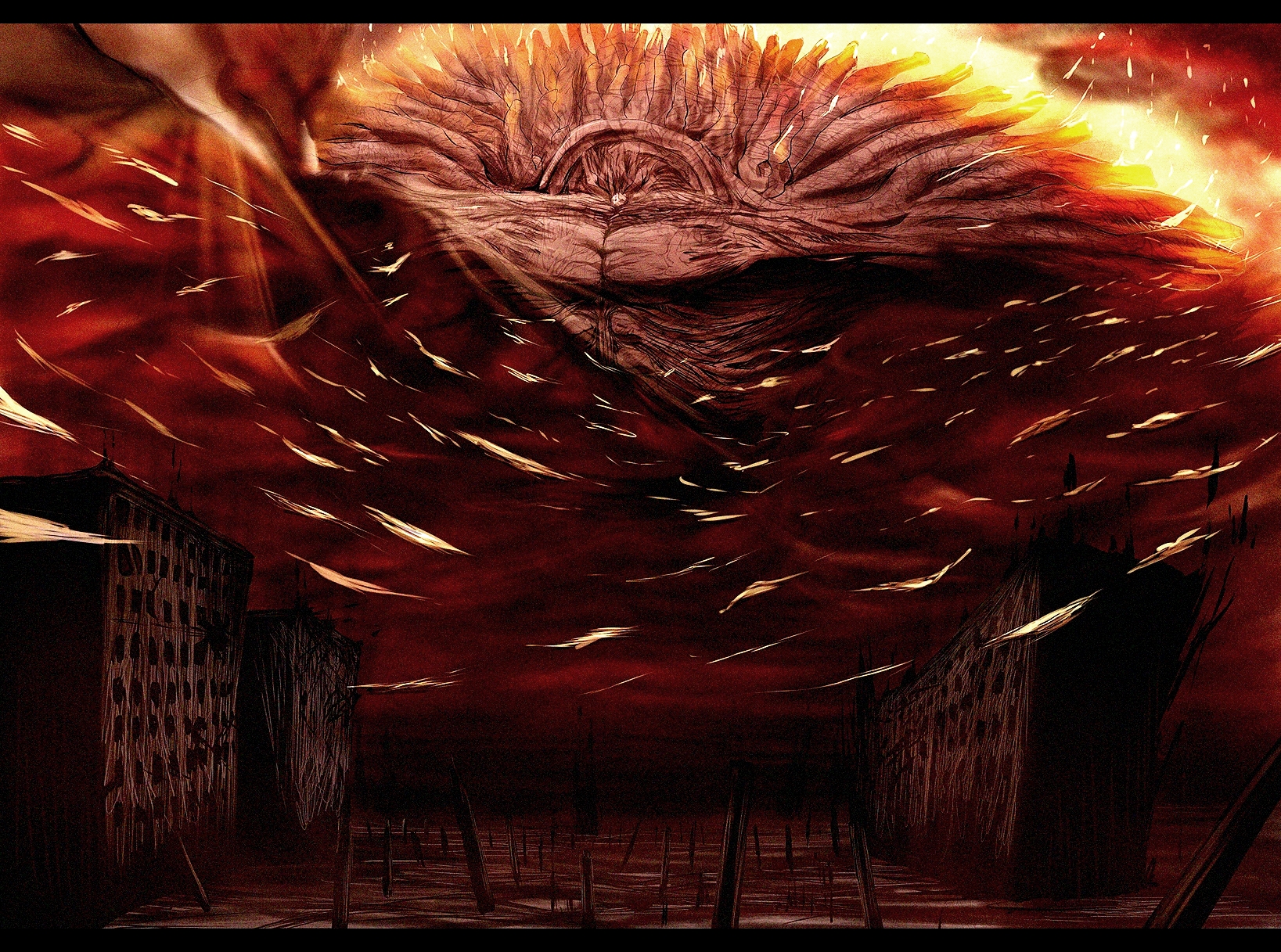 blastbeat, toguro otouto, yuu yuu hakusho, bad id, bad pixiv id, highres, letterboxed, red theme, ruins