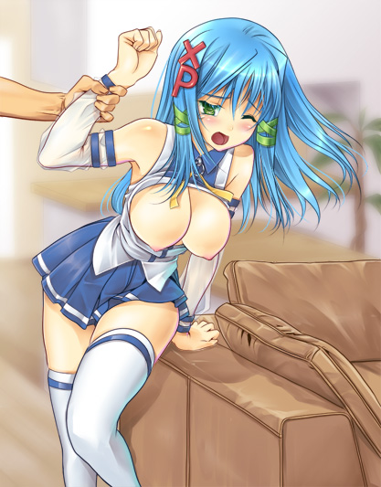 tsukiya, xp-tan, os-tan, arm grab, bad id, bad pixiv id, colorized, 1girl, blue hair, blue skirt, blush, breasts, couch, detached sleeves, green eyes, large breasts, long hair, one eye closed, open clothes, open shirt, shirt, skirt, thighhighs, wink, zettai ryouiki