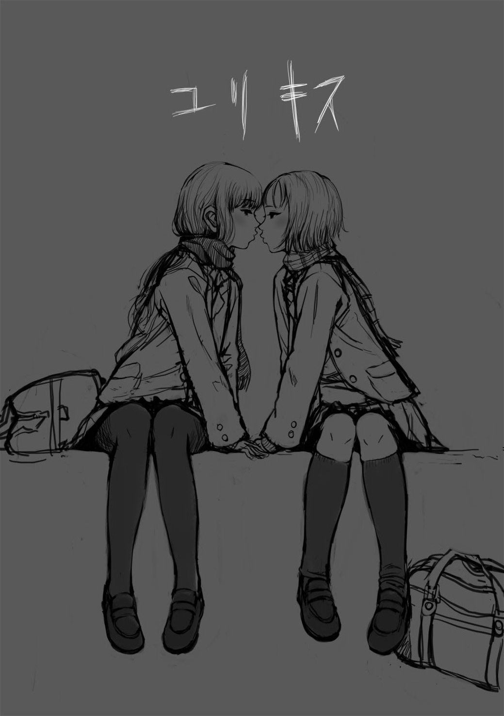mumu, original, bad id, bad pixiv id, highres, 2girls, bag, greyscale, kiss, monochrome, multiple girls, pantyhose, scarf, school uniform, serafuku, sketch, yuri