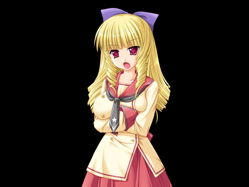 miyasu risa, ryuugasaki reika, honoo no haramase tenkousei, game cg, variant set, 1girl, 2000s (style), arms under breasts, black background, blonde hair, blunt bangs, bow, breasts, collarbone, cowboy shot, crossed arms, drill hair, drill sidelocks, grey neckerchief, hair bow, huge breasts, long hair, long sleeves, looking at viewer, neckerchief, open mouth, purple bow, red eyes, red sailor collar, sailor collar, sailor shirt, school uniform, serafuku, shirt, sidelocks, simple background, skirt, solo, standing, tachi-e, tsurime, twin drills, v-shaped eyebrows, very long hair, yellow serafuku