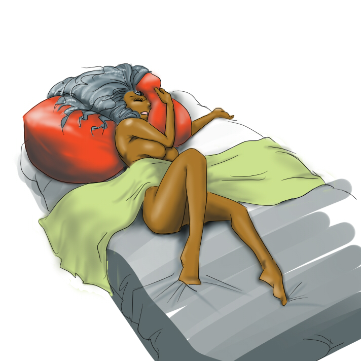 uxmal, vista-tan, vistake, os-tan, 1girl, barefoot, bed, bed sheet, breasts, closed eyes, dark-skinned female, dark skin, grey hair, naked sheet, nude, pillow, sleeping