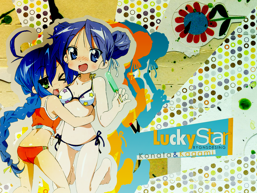 gns desing x3, hiiragi kagami, izumi konata, lucky star, 00s, food, one eye closed, popsicle, swimsuit, wink