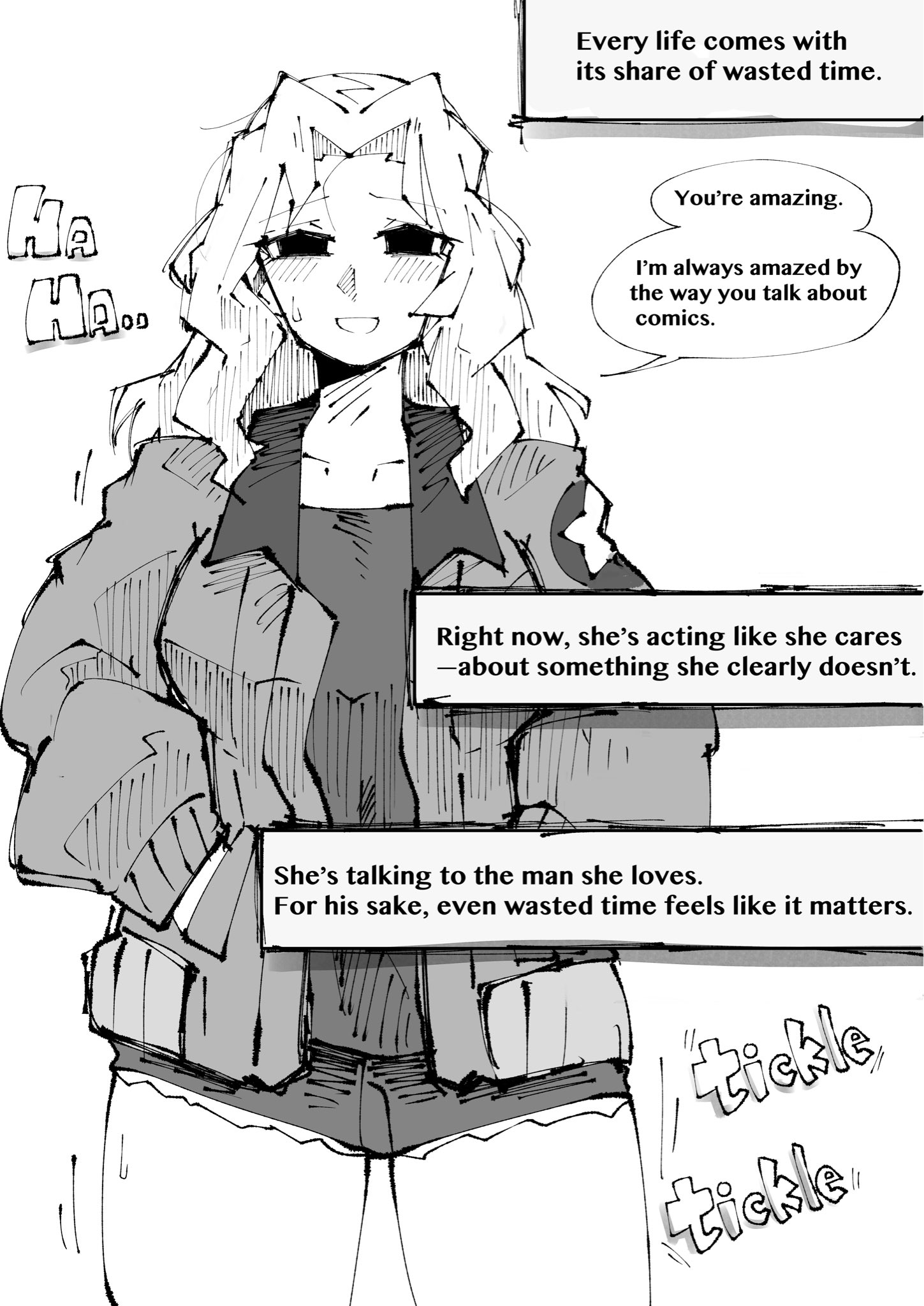 yamarium, kay (girls und panzer), girls und panzer, commentary, english commentary, highres, tagme, …, 1girl, breasts, denim, denim shorts, english text, greyscale, hands in pockets, jacket, large breasts, light blush, long hair, looking at viewer, monochrome, shorts, smile, solo, speech bubble