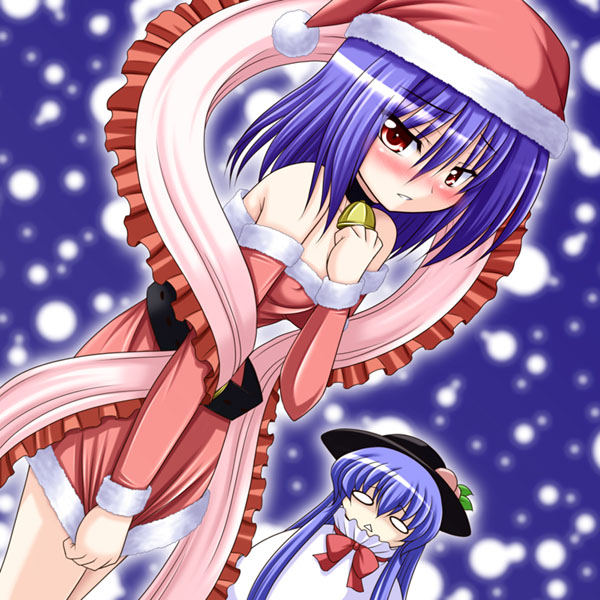 bococho, hinanawi tenshi, nagae iku, touhou, 2girls, bare shoulders, blue hair, blush, christmas, covering crotch, covering privates, detached sleeves, dress, female focus, hat, multiple girls, red eyes, santa costume, shawl, short hair, snow, strapless, strapless dress