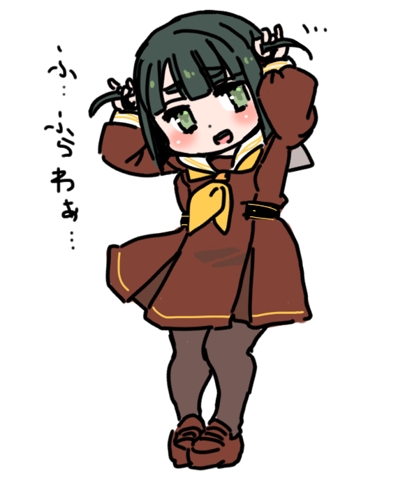 shinanoya (satanicad), hinoshita kaho, momose ginko, link! like! love live!, love live!, commentary request, translation request, 1girl, :d, arms up, blush, borrowed hairstyle, brown dress, brown pantyhose, brown shoes, catchphrase, deformed, dress, embarrassed, hasu no sora school uniform, head tilt, holding, holding own hair, loafers, long sleeves, medium dress, neckerchief, open mouth, pantyhose, pleated dress, sailor collar, sailor dress, school uniform, shoes, simple background, smile, solo, virtual youtuber, white background, white sailor collar, winter uniform, yellow neckerchief