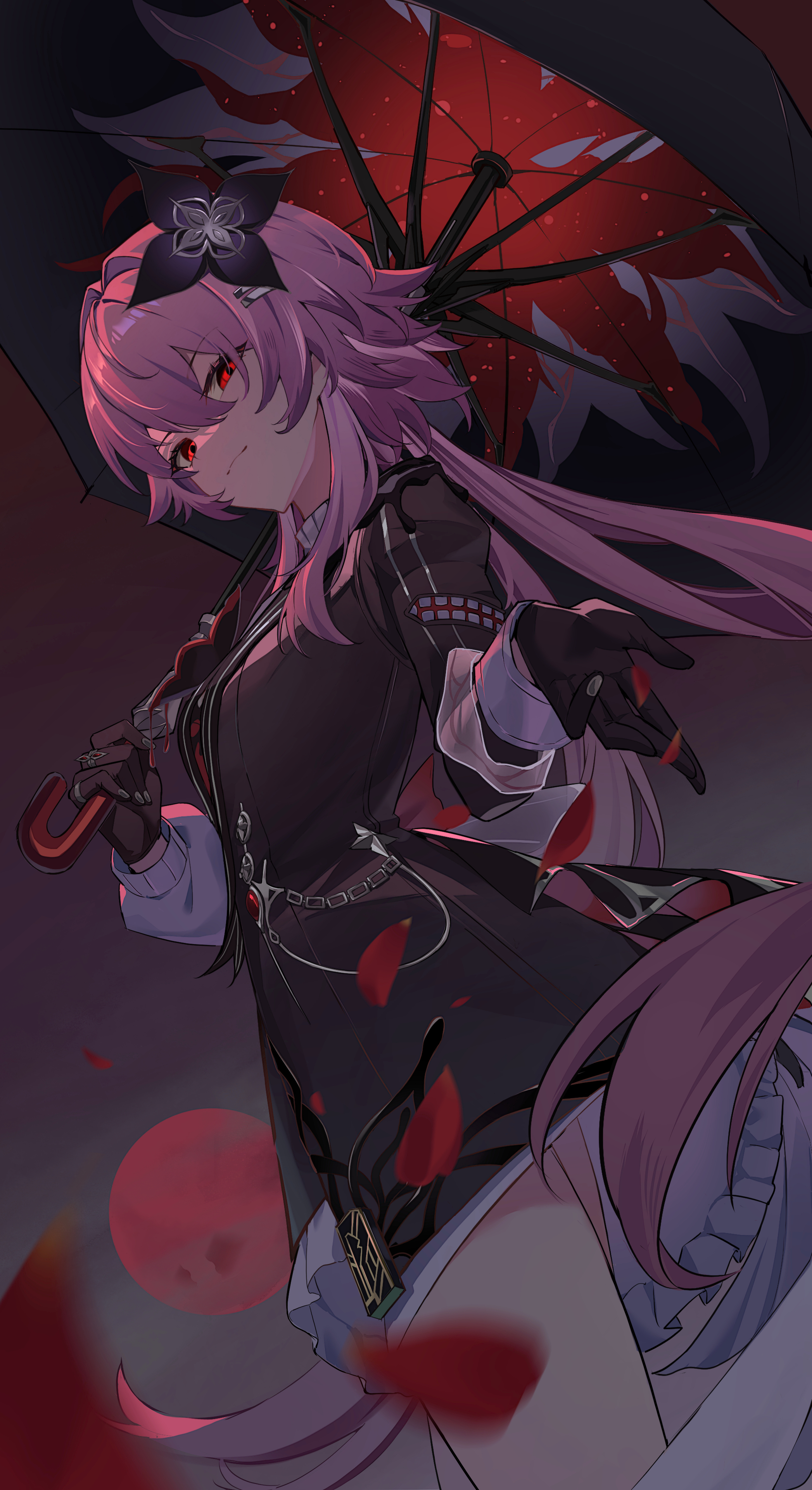 iras17514, evernight (honkai: star rail), march 7th (honkai: star rail), honkai: star rail, honkai (series), absurdres, commentary, highres, 1girl, black dress, black gloves, black umbrella, breasts, closed mouth, dress, flower, gloves, hair between eyes, hair flower, hair intakes, hair ornament, holding, holding umbrella, long hair, long sleeves, looking at viewer, medium breasts, pink hair, purple flower, red eyes, red petals, smile, solo, thighs, umbrella, very long hair