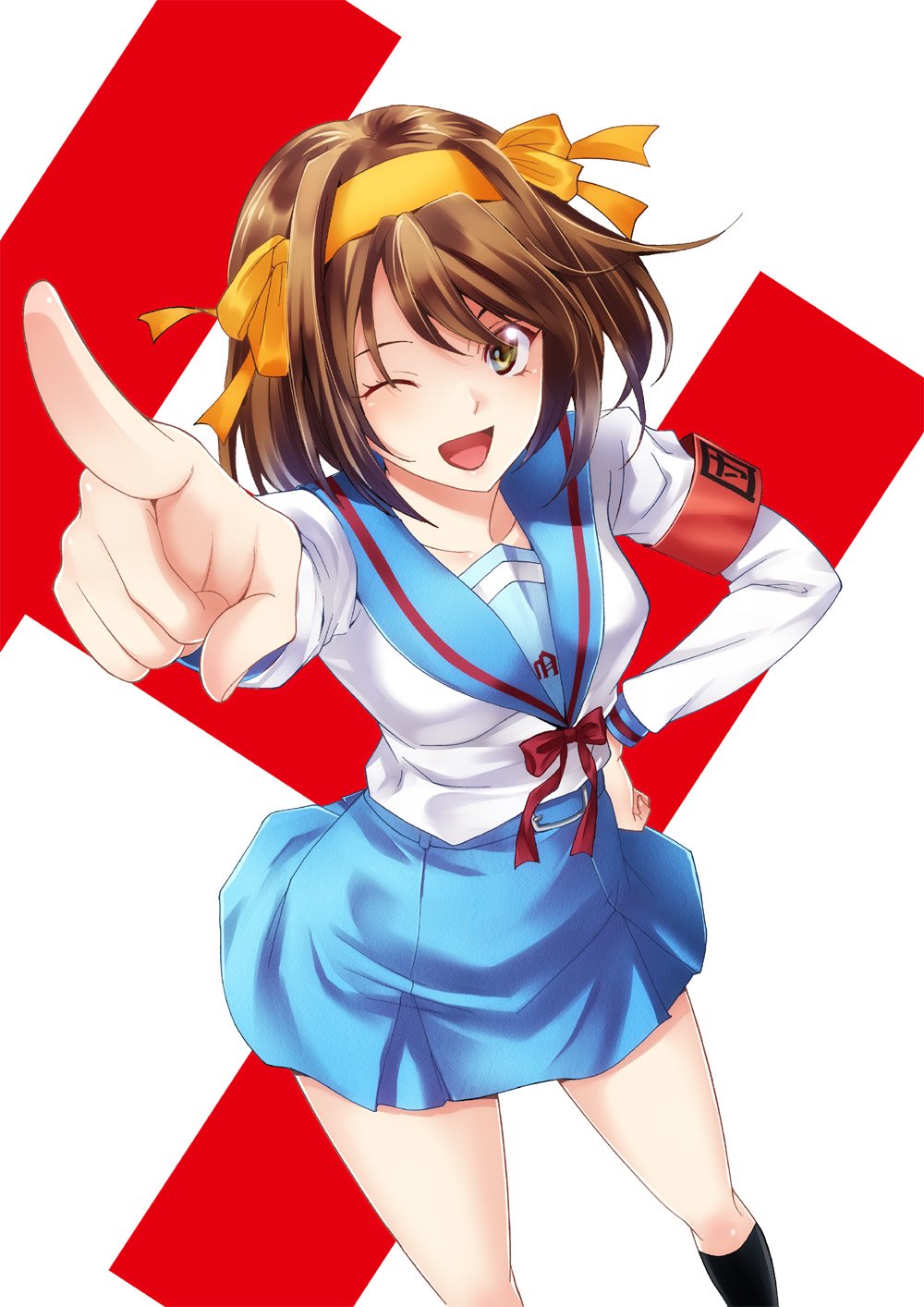 seo kouji, suzumiya haruhi, suzumiya haruhi no yuuutsu, highres, 1girl, ;d, armband, blue sailor collar, blue skirt, breasts, brown eyes, brown hair, collarbone, contrapposto, h (letter), hair ribbon, hairband, hand on own hip, index finger raised, kita high school uniform, long sleeves, looking at viewer, medium hair, one eye closed, open mouth, outstretched arm, red armband, red ribbon, ribbon, sailor collar, school uniform, serafuku, simple background, skirt, smile, solo, standing, white background, winter uniform, yellow hairband, yellow ribbon