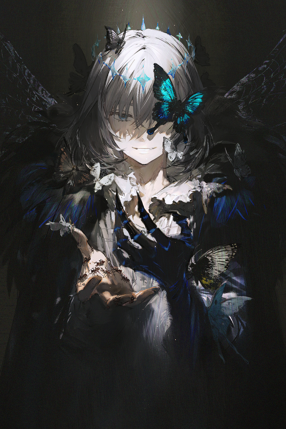 rella, oberon (fate), oberon (third ascension) (fate), fate/grand order, fate (series), commentary, highres, 1boy, ant, arthropod boy, arthropod limbs, bishounen, blue butterfly, bug, butterfly, butterfly over eye, cloak, dark background, diamond hairband, fur-trimmed cloak, fur trim, grey hair, hair between eyes, holding bug, insect, looking at viewer, male focus, medium hair, moth, reaching, reaching towards viewer, shirt, smile, solo, spotlight, upper body, white shirt, wing cape