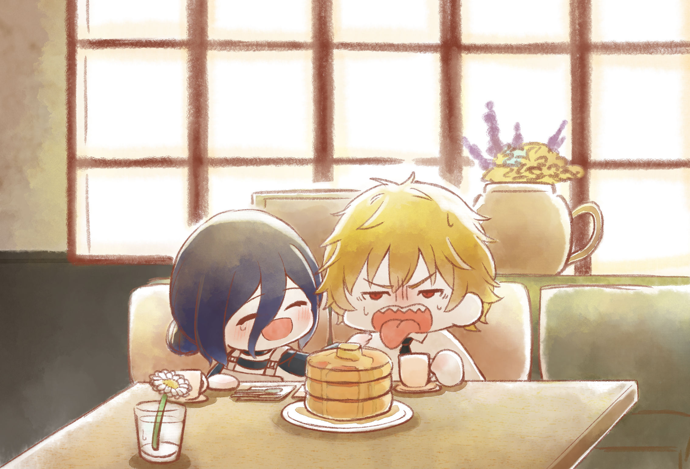 denji (chainsaw man), reze (chainsaw man), chainsaw man, commentary request, highres, 1boy, 1girl, ^ ^, bitter, black hair, blonde hair, blush, chibi, chibi only, closed eyes, couch, cup, flower, food, gerbera, hair between eyes, hair bun, hetero, indoors, long hair between eyes, mug, on couch, pancake, pancake stack, poyohono1222, sharp teeth, single side bun, sitting, smile, sweatdrop, tears, teeth, tongue, tongue out, white flower