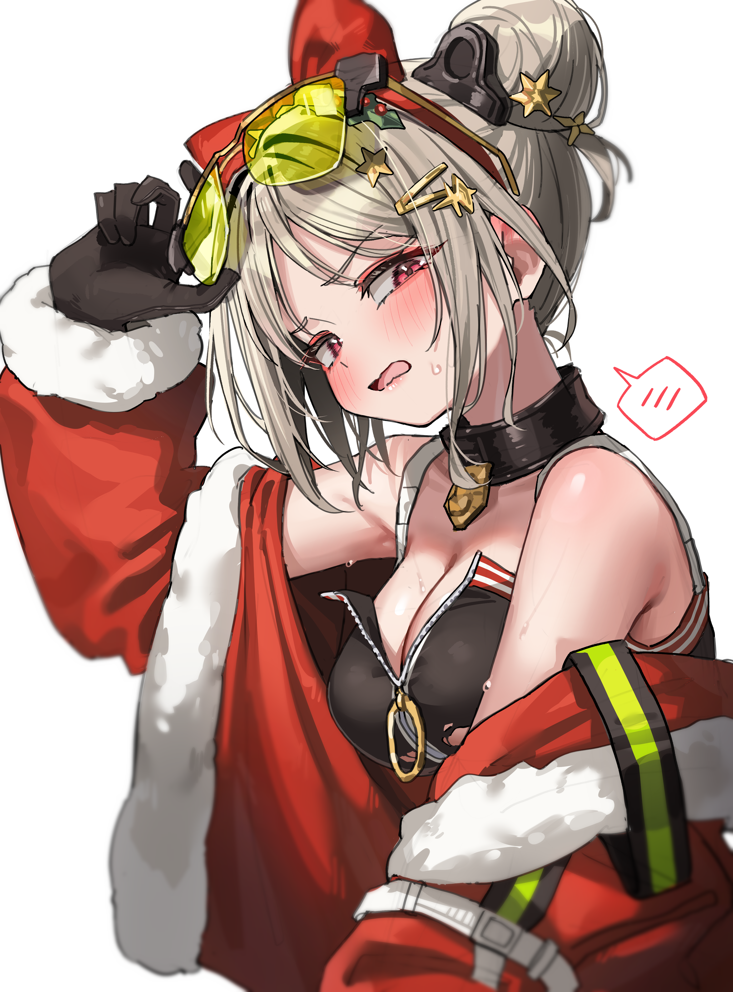 green tea (matchaistasty), p90 (girls' frontline), p90 (scarlet turbo) (girls' frontline), girls' frontline, absurdres, commentary, commission, highres, skeb commission, 1girl, adjusting eyewear, bare shoulders, black collar, black gloves, blush, bow, bow hairband, breasts, brown hair, cleavage, collar, double bun, eyewear on head, from side, fur-trimmed jacket, fur trim, gloves, hair bun, hair ornament, hairband, jacket, large breasts, long sleeves, looking at viewer, off shoulder, official alternate costume, official alternate hairstyle, open clothes, open jacket, open mouth, puffy long sleeves, puffy sleeves, red bow, red eyes, red jacket, simple background, solo, spoken blush, star (symbol), star hair ornament, sweat, tinted eyewear, too many hair ornaments, upper body, v-shaped eyebrows, white background, yellow-tinted eyewear, zipper pull tab