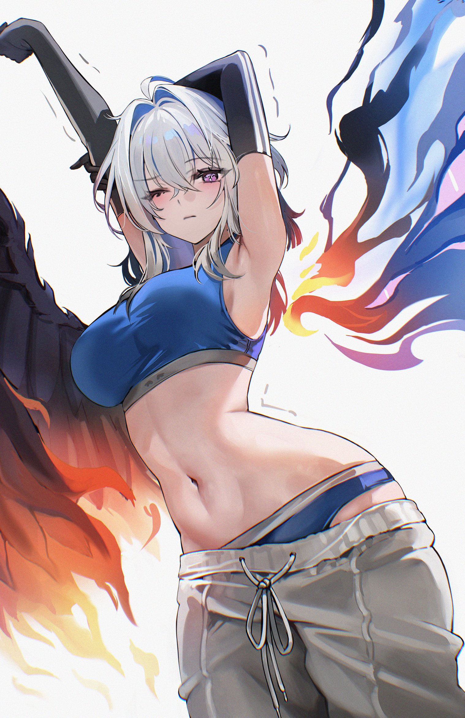 zije, galbrena (wuthering waves), wuthering waves, commentary, highres, 1girl, ahoge, alternate costume, arms up, asymmetrical wings, blue panties, blue sports bra, breasts, closed mouth, clothes pull, grey pants, hair between eyes, hair intakes, large breasts, light blush, looking at viewer, medium hair, mismatched wings, navel, one eye closed, panties, pants, pants pull, panty peek, purple eyes, solo, sports bra, stomach, stretching, underwear, wings