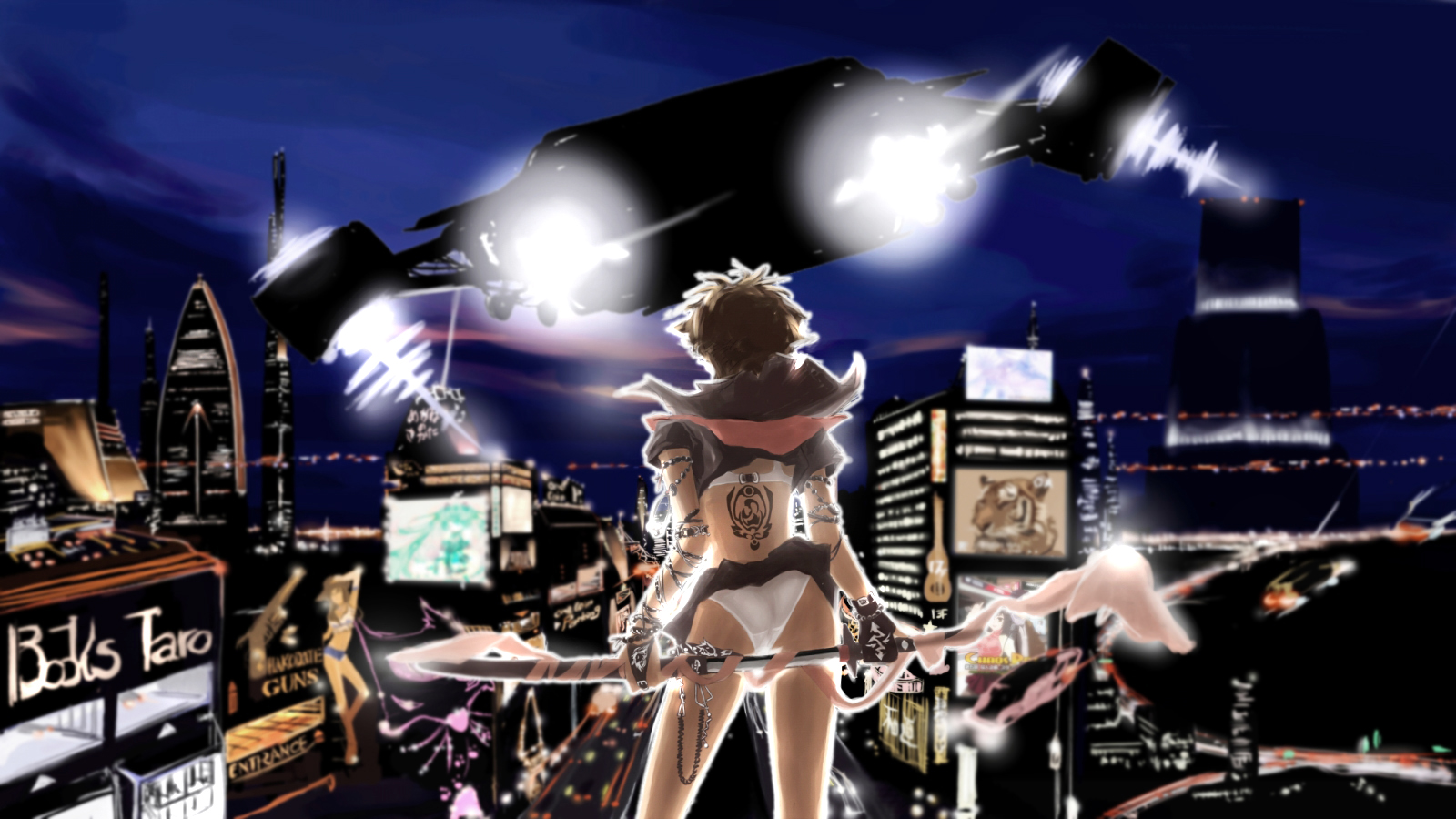 yuzmit, highres, ass, back, brown hair, city, gloves, lingerie, panties, solo, sword, tattoo, ufo, underwear, weapon