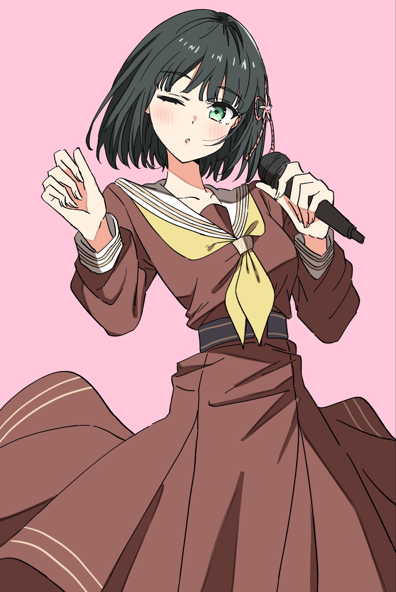 bien (djpwjd1), momose ginko, link! like! love live!, love live!, highres, 1girl, ;o, black hair, blunt bangs, blunt ends, bob cut, breasts, brown dress, cowboy shot, dress, flower, flower knot, green eyes, hair flower, hair ornament, hasu no sora school uniform, holding, holding microphone, long sleeves, looking at viewer, medium breasts, medium dress, microphone, one eye closed, parted lips, pink background, pink flower, pleated dress, sailor collar, sailor dress, school uniform, short hair, simple background, solo, virtual youtuber, white sailor collar, winter uniform
