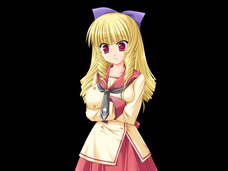 miyasu risa, ryuugasaki reika, honoo no haramase tenkousei, game cg, variant set, 1girl, 2000s (style), arms under breasts, black background, blonde hair, blunt bangs, bow, breasts, closed mouth, collarbone, cowboy shot, crossed arms, drill hair, drill sidelocks, grey neckerchief, hair bow, huge breasts, long hair, long sleeves, looking at viewer, neckerchief, purple bow, red eyes, red sailor collar, sailor collar, sailor shirt, school uniform, serafuku, shirt, sidelocks, simple background, skirt, solo, standing, surprised, tachi-e, tsurime, twin drills, v-shaped eyebrows, very long hair, wide-eyed, yellow serafuku