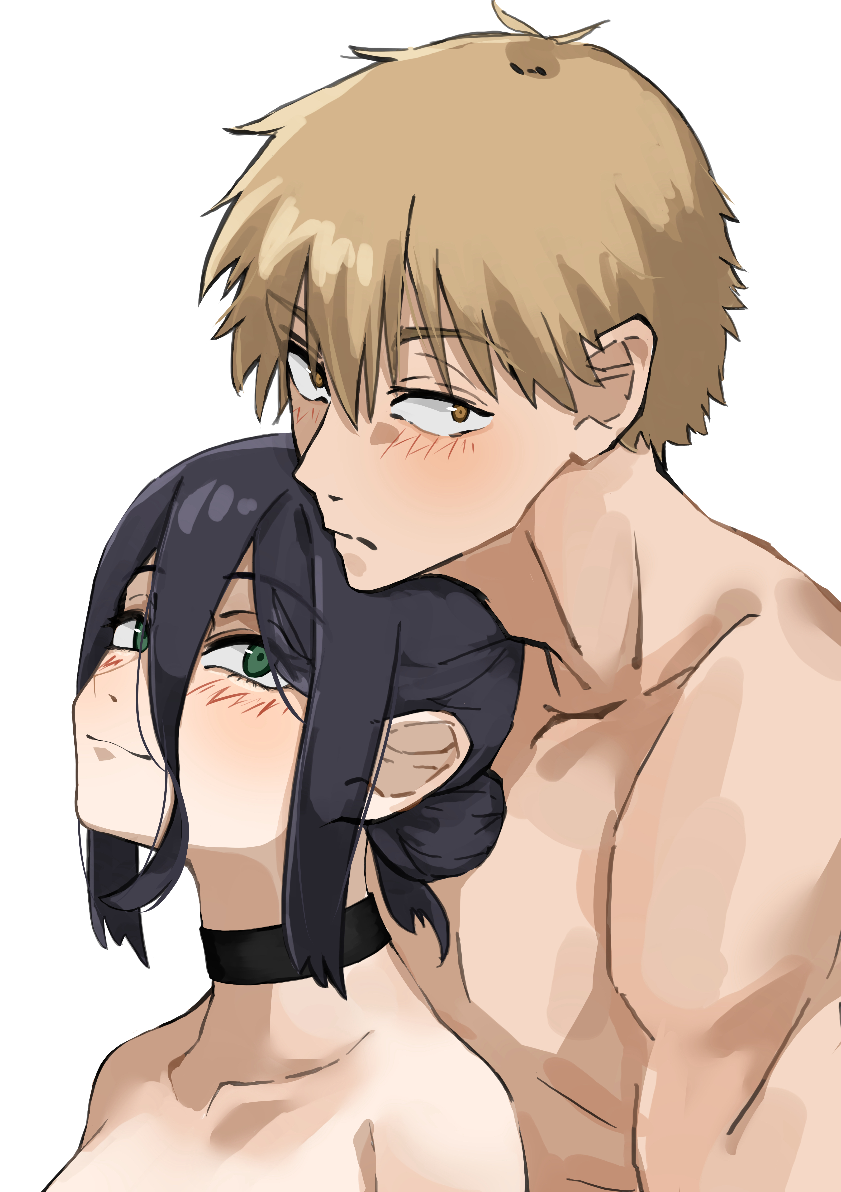 senrihinzk, denji (chainsaw man), reze (chainsaw man), chainsaw man, absurdres, commentary request, highres, partial commentary, 1boy, 1girl, black choker, black hair, blonde hair, blush, choker, collarbone, completely nude, green eyes, hair between eyes, hetero, light smile, long hair between eyes, looking at another, looking at viewer, nude, simple background, upper body, white background