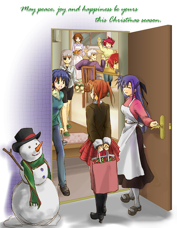 cinque (nanoha), dieci (nanoha), genya nakajima, ginga nakajima, nove (nanoha), numbers (nanoha), subaru nakajima, teana lanster, wendi (nanoha), lyrical nanoha, mahou shoujo lyrical nanoha, mahou shoujo lyrical nanoha strikers, grey legwear, silver hair, 00s, 1boy, 6+girls, apron, brown eyes, brown hair, casual, christmas, closed eyes, dress, eyepatch, family, father and daughter, green eyes, long hair, multiple girls, open mouth, pantyhose, purple hair, red hair, short hair, siblings, sisters, skirt, smile, snowman, sweater, twintails, yellow eyes