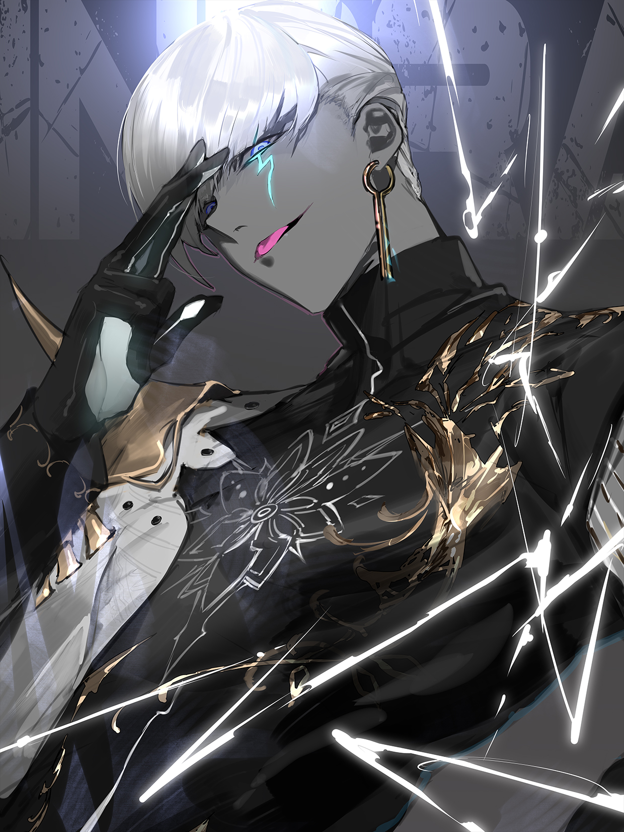 suzuhi (fullprayer), indra (fate), fate/grand order, fate (series), highres, 1boy, black gloves, black shirt, blue eyes, colored sclera, colored skin, earrings, gloves, grey sclera, grey skin, jewelry, lightning bolt facial mark, long sleeves, looking at viewer, male focus, shirt, short hair, smile, solo, tongue, tongue out, white hair