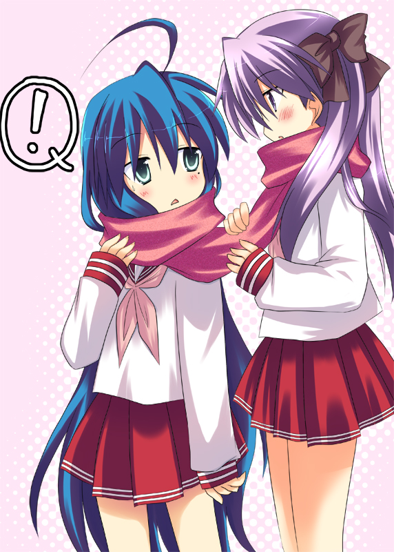 akane souichi, hiiragi kagami, izumi konata, lucky star, bad id, bad pixiv id, !, 00s, 2girls, ahoge, mole, mole under eye, multiple girls, scarf, school uniform, serafuku, shared clothes, shared scarf, skirt, yuri