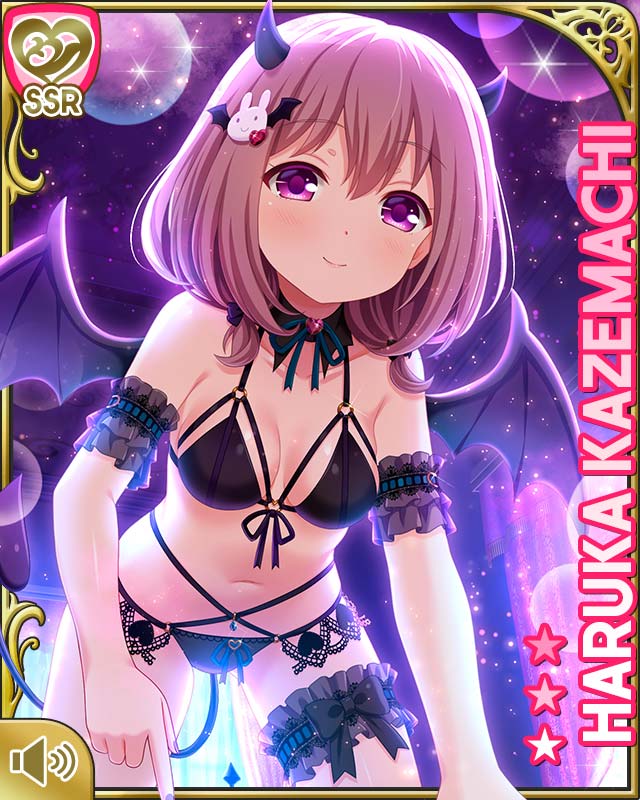 qp:flapper, kazemachi haruka, girlfriend (kari), lunch, official art, 1girl, bat wings, black bow, black bra, black panties, blush, bow, bra, brown hair, card (medium), character name, closed mouth, cowboy shot, demon girl, demon horns, demon tail, demon wings, full moon, horns, looking at viewer, midriff, moon, navel, night, night sky, outdoors, panties, pink eyes, purple background, short hair, sky, solo, standing, tail, underwear, wings