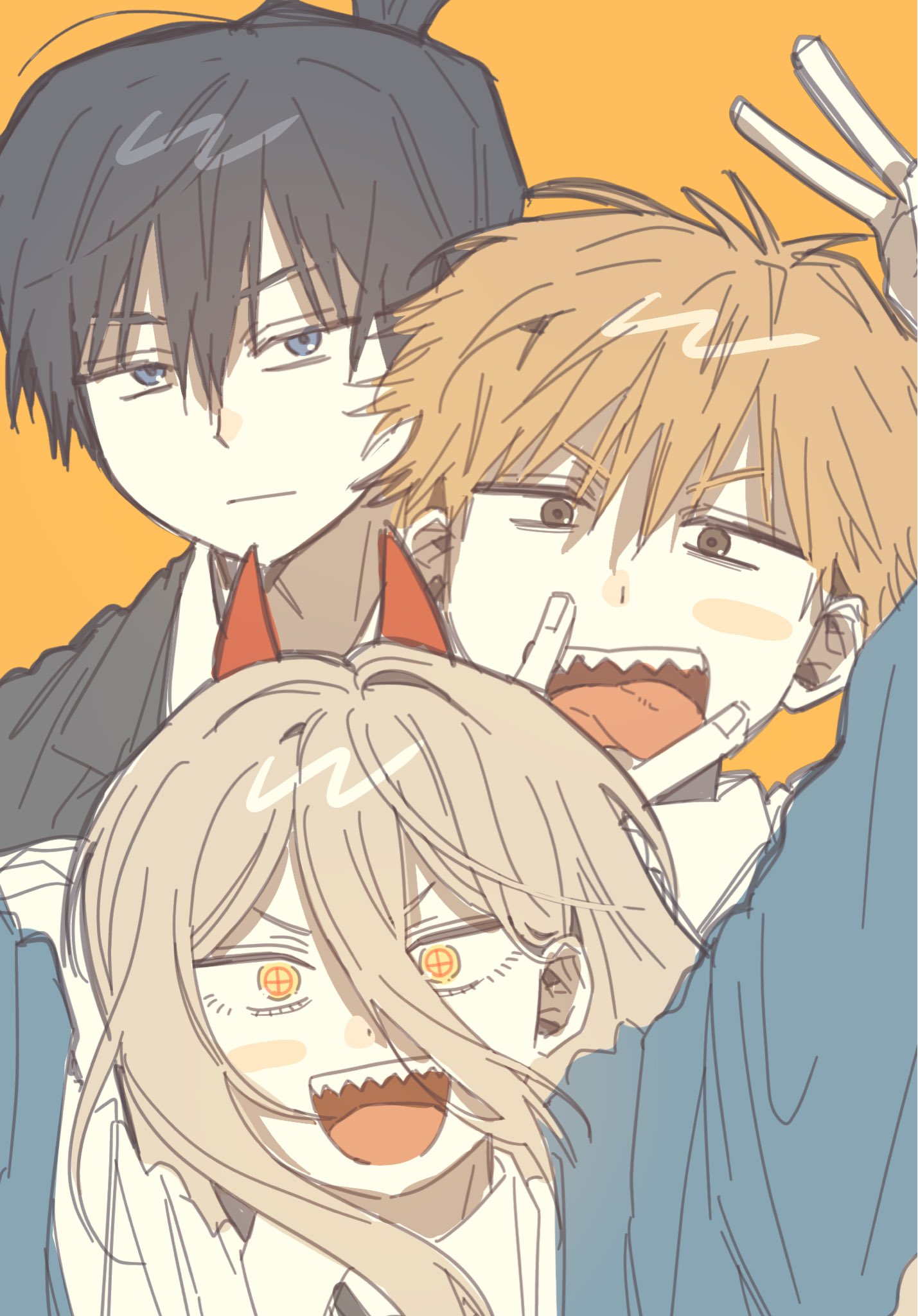 denji (chainsaw man), hayakawa aki, power (chainsaw man), chainsaw man, commentary request, highres, korean commentary, 1girl, 2boys, :|, bab charyeo, black hair, black jacket, blonde hair, blue jacket, blush, closed mouth, cross-shaped pupils, demon horns, hair between eyes, horns, jacket, long hair, long hair between eyes, looking at viewer, multiple boys, orange background, sharp teeth, shirt, simple background, smile, straight hair, symbol-shaped pupils, teeth, topknot, v, v over mouth, white shirt