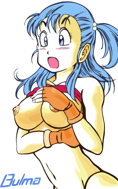 bulma, dragon ball, breast hold, derivative work, vector trace, 1girl, blue eyes, blue hair, breasts, clothes lift, female focus, fingerless gloves, gloves, long hair, matching hair/eyes, nipples, open mouth, shirt lift, side ponytail, simple background, solo
