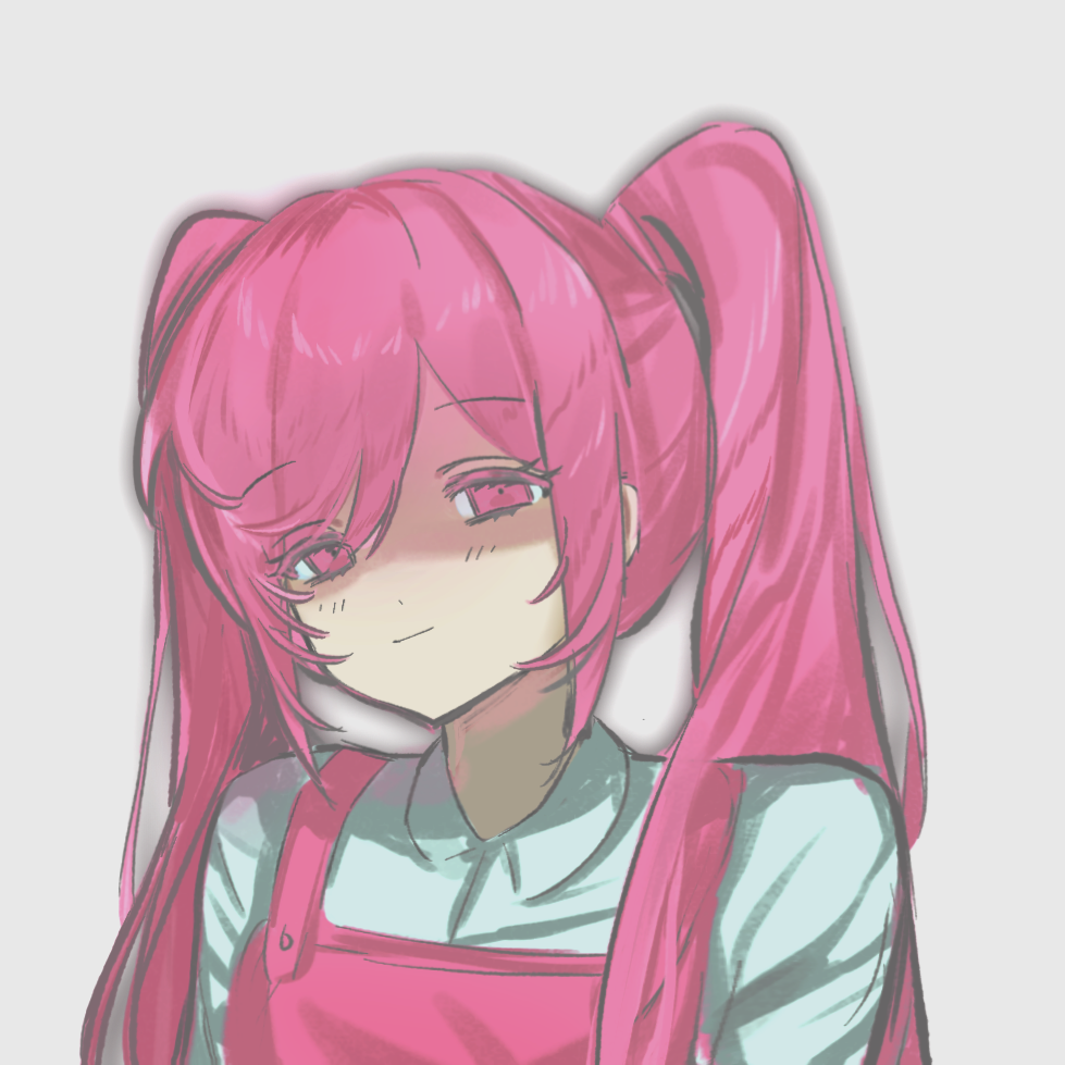 perfectheart (omori), omori, chinese commentary, commentary request, 1girl, closed mouth, collared shirt, colored eyelashes, dress, grey background, hair between eyes, long hair, looking at viewer, maqimadegou35664, pinafore dress, pink dress, pink eyes, pink hair, portrait, shaded face, shirt, simple background, sleeveless, sleeveless dress, smile, solo, swept bangs, twintails, white shirt
