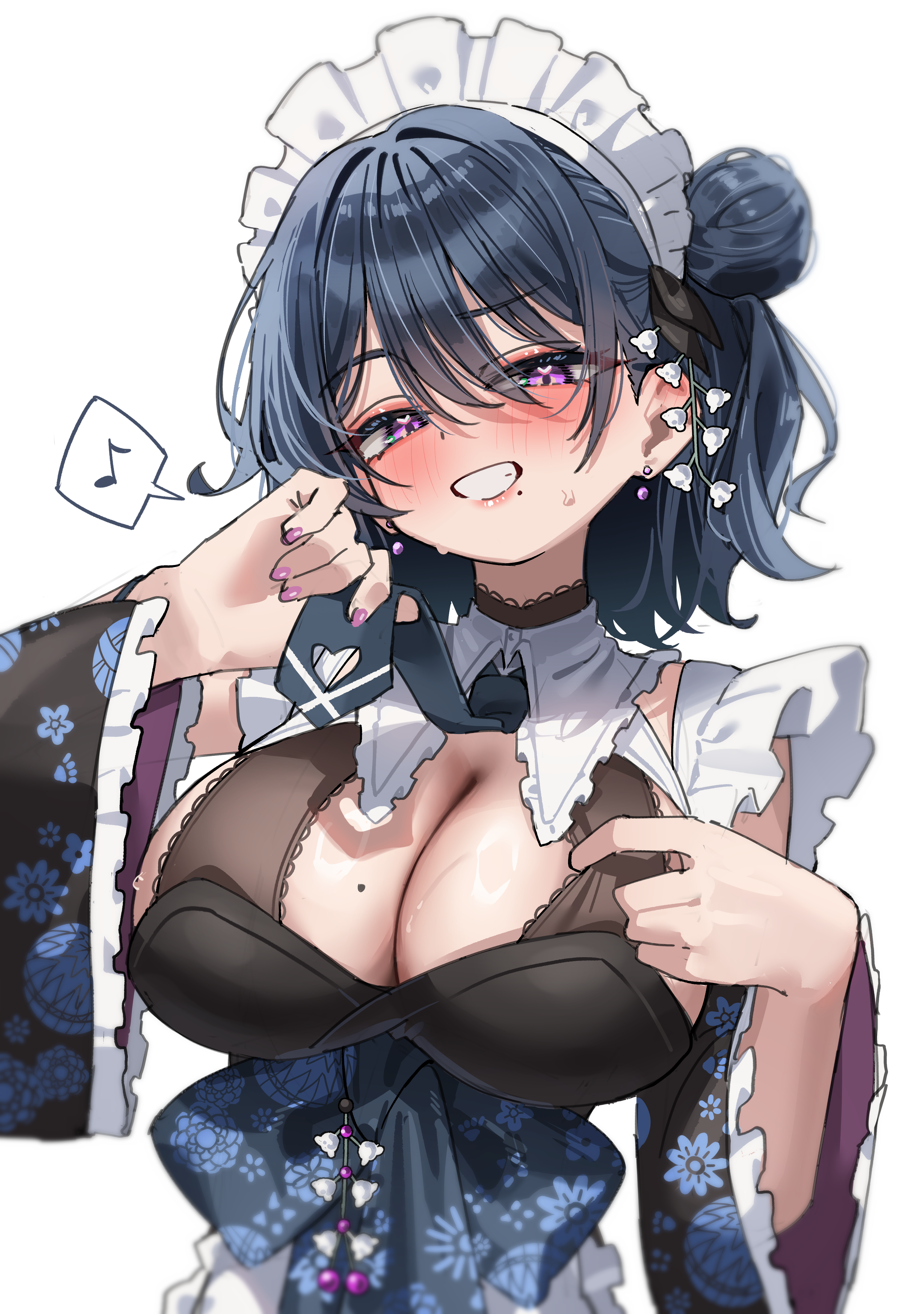 green tea (matchaistasty), tokiai misao, indie virtual youtuber, absurdres, commentary, commission, highres, skeb commission, 1girl, black hair, breasts, cleavage, detached sleeves, fingernails, floral print sleeves, grin, hair bun, large breasts, looking at viewer, mole, mole on breast, mole under mouth, musical note, nail polish, purple eyes, short hair, simple background, single hair bun, single side bun, smile, solo, spoken musical note, upper body, virtual youtuber, white background