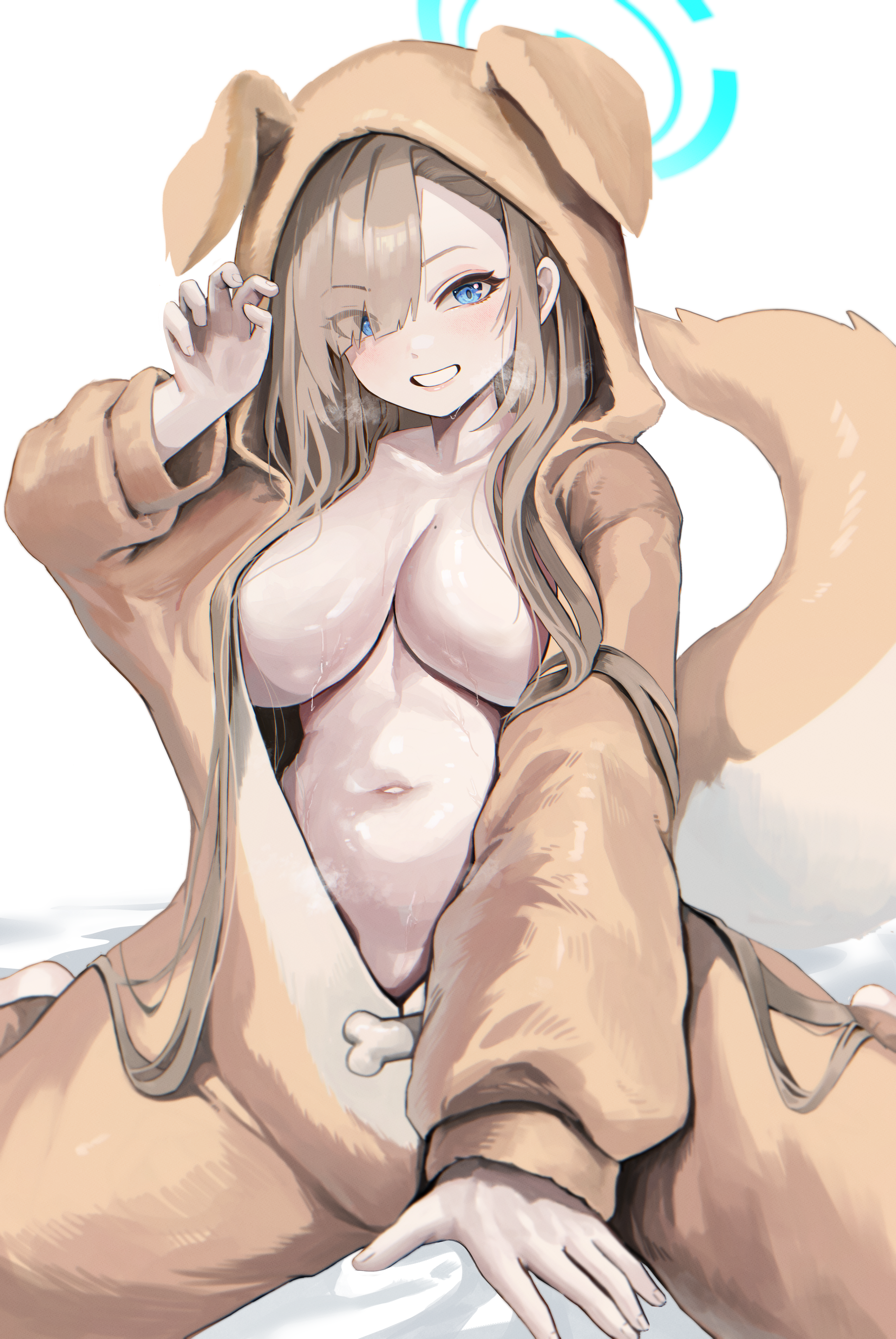 kraken mikan, asuna (blue archive), blue archive, absurdres, commentary, highres, 1girl, alternate costume, animal costume, animal ears, asymmetrical bangs, blonde hair, blue eyes, blush, breasts, claw pose, collarbone, cosplay, dog costume, dog ears, dog tail, eyes visible through hair, fake animal ears, fake tail, hair over breasts, hair over one eye, halo, hood, hood up, kigurumi, large breasts, long hair, looking at viewer, mole, mole on breast, navel, simple background, smile, solo, stomach, sweat, tail, very long hair, white background